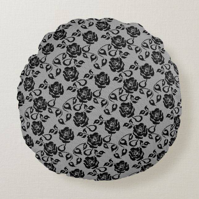 Faux Black Lace Rose Fishnet Coussin rond (Devant)