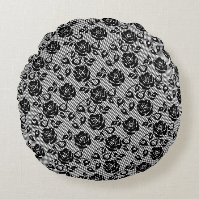 Faux Black Lace Rose Fishnet Round Coussin (Devant)