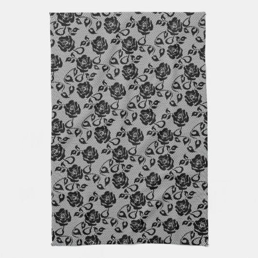 Faux Black Lace Rose Fishnet Serviette de cuisine (Vertical)