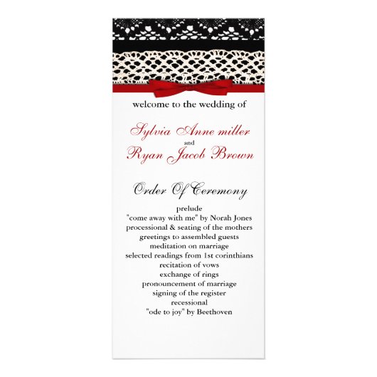 FAUX Black Lace Rouge Ruban Invitations de mariage (Devant)