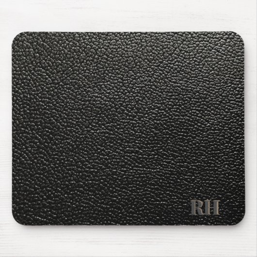 Faux Black Leather Custom Monogrammed Initialen Muismat (Voorkant)