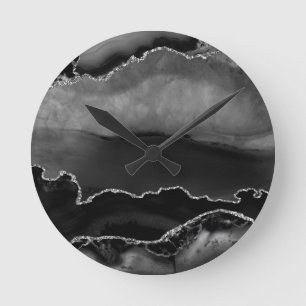 Faux Black Marged Agate Elegant Silver Glitter Ronde Klok