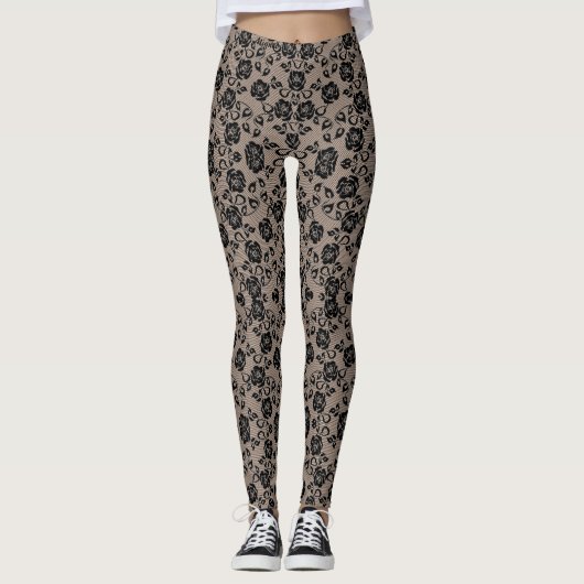 Faux Black Rozen Lace Fishnet Romantic Leggings (Voorkant)