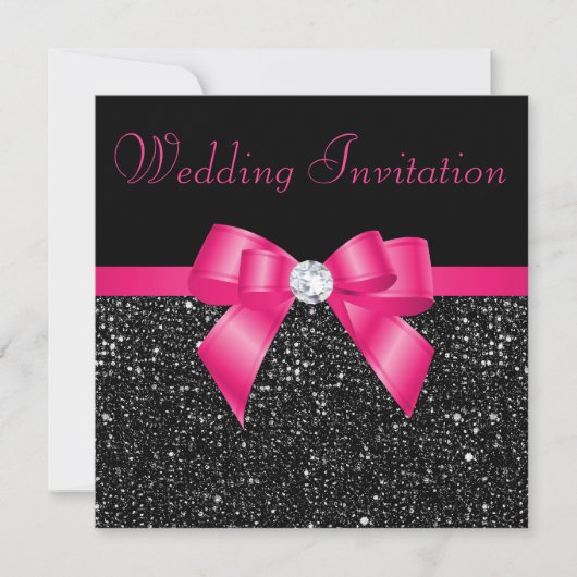 Faux Black Sequins en Hot Pink Bow Wedding Kaart (Voorkant)