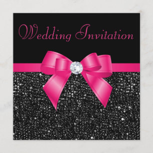 Faux Black Sequins en Hot Pink Bow Wedding Kaart