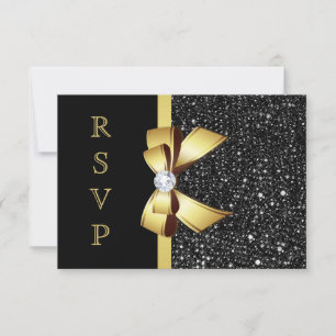 Faux Black Sequins Gold Bow RSVP