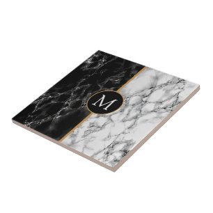 Faux Black White Marble Ceramic Tegel - Monogram Tegeltje