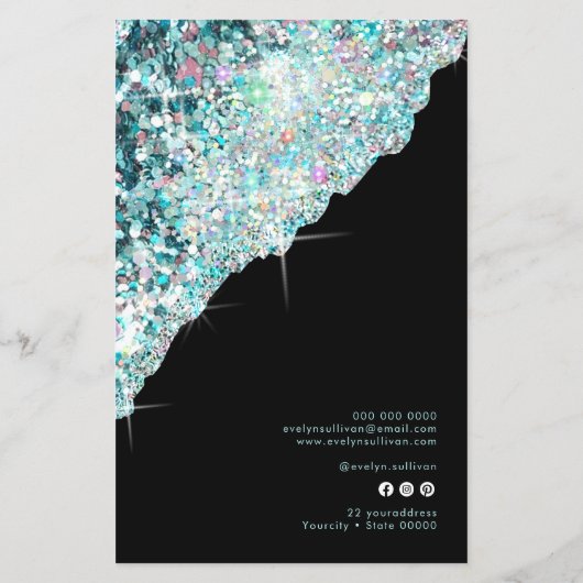 Faux blauwgroen iriserende glitter prijslijst flye flyer (Achterkant)