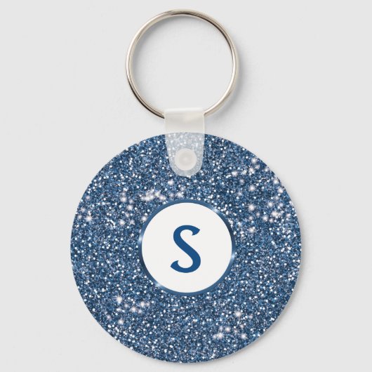 Faux Blue Glitter Texture Kijk en aangepast monogr Sleutelhanger (Voorkant)
