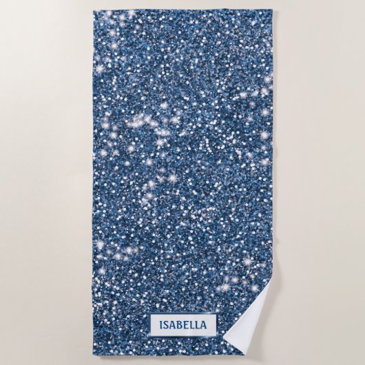Faux Blue Glitter-textuur met aangepaste naam Strandlaken (Voorkant)