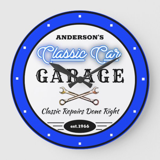 Faux Blue Neon Classic Car Garage Grote Klok (Voorkant)