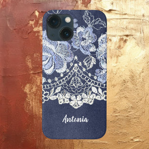 Faux Blue Velvet en Simulate Lace Embroidery iPhone 13 Mini Hoesje
