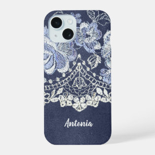 Faux Blue Velvet en Simulate Lace Embroidery iPhone 15 Hoesje