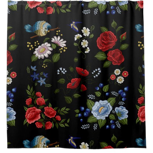 Faux borduurende rode en blauwe bloemen douchegordijn (Voorkant)