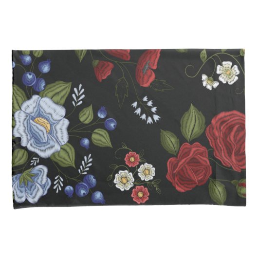 Faux borduurende rode en blauwe bloemen kussensloop (Voorkant-Rechts)