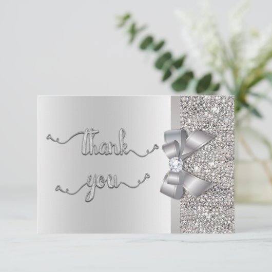 Faux Bow Silver Sequins Dank u bruiloft Bedankkaart (Staand voorkant)