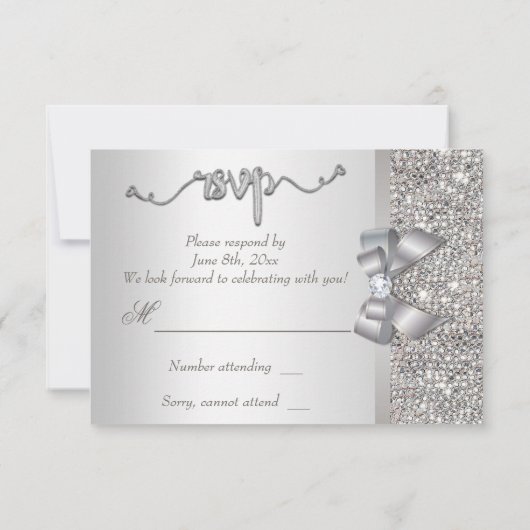 Faux Bow Silver Sequins Mariage RSVP (Dos)