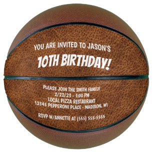 Faux Brown Leather Birthday Party Invite Basketbal