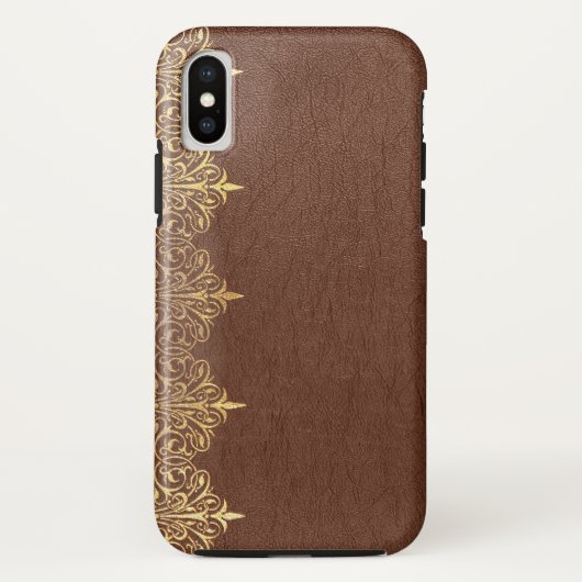 Faux Brown Leather Gold Floral Border Case-Mate iPhone Case (Achterkant)
