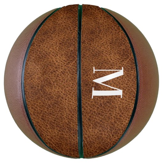 Faux Brown Leather Modern Monogram Basketbal (Verticaal)