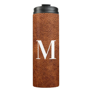 Faux Brown Leather Modern Monogram Thermosbeker