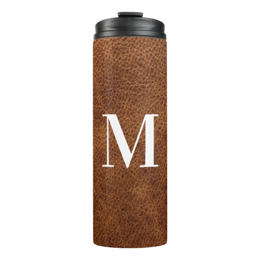 Faux Brown Leather Modern Monogram Thermosbeker (Voorkant)