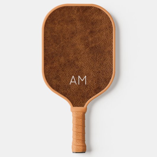 Faux Brown Leather Two Letter Monogram Pickleball Paddle (Voorkant)
