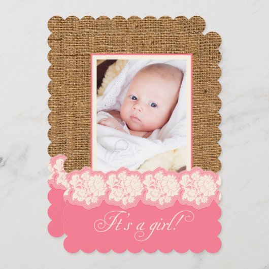 FAUX Burlap, Baby shower photo dentelle Invitation (Devant / Derrière)