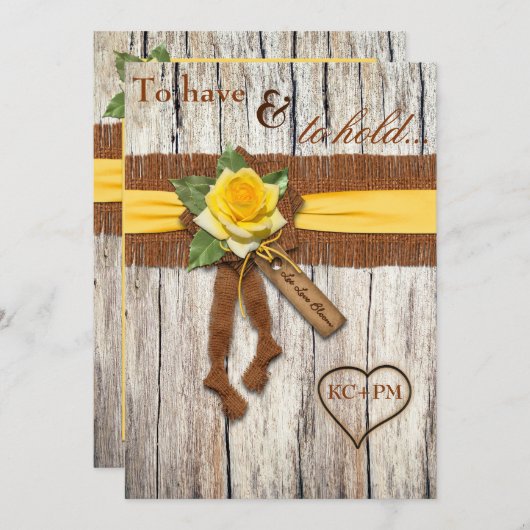 FAUX Burlap, bois, Faire-part de mariage de rose j (Devant / Derrière)