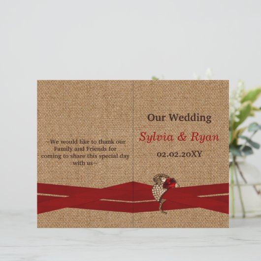 FAUX burlap, broche rouge bi fold Programme de mar (Debout devant)
