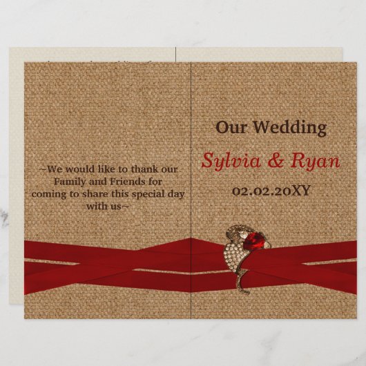 FAUX burlap, broche rouge bi fold Programme de mar (Devant / Derrière)