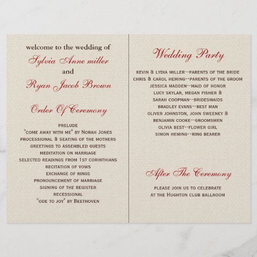 FAUX burlap, broche rouge bi fold Programme de mar (Dos)