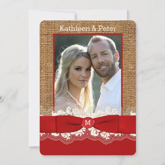 FAUX Burlap, Dentelle, Invitation à un mariage ave (Devant)