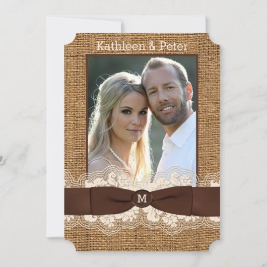 FAUX Burlap, Dentelle, Invitation à un mariage ave (Devant)