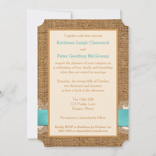 FAUX Burlap, Dentelle, Invitation à un mariage en  (Dos)