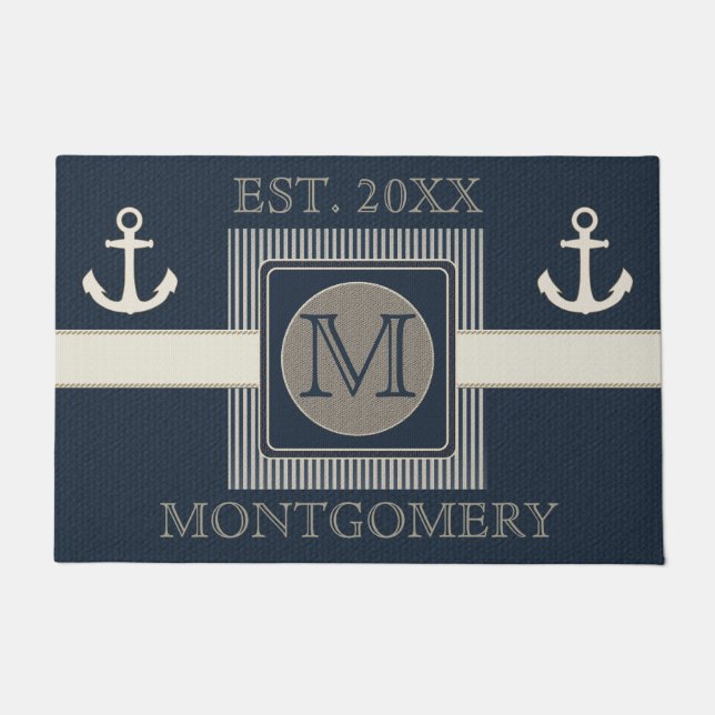 Faux Burlap Effect Nautisch Schip's Anker Monogram Deurmat (Voorkant)