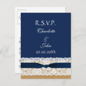 FAUX burlap en kant, marineblauw lint RSVP Uitnodiging Briefkaart (Voorkant / Achterkant)