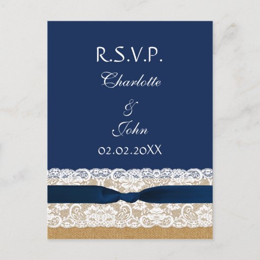 FAUX burlap en kant, marineblauw lint RSVP Uitnodiging Briefkaart (Voorkant)