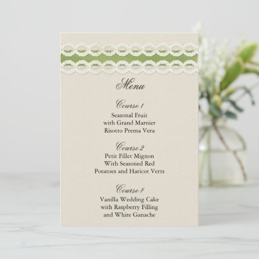 FAUX burlap en lace limoen country bruiloft Menu (Staand voorkant)