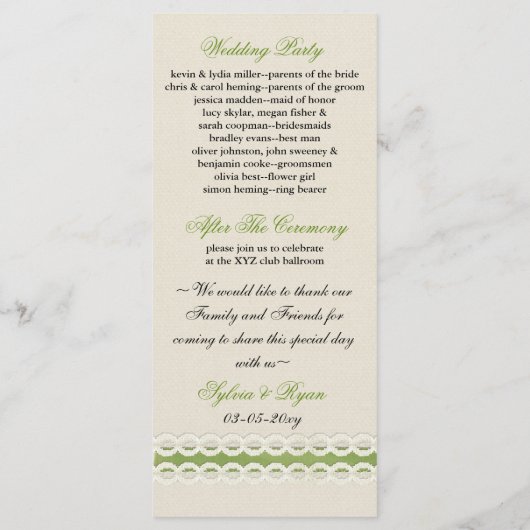 FAUX burlap en lace limoen country bruiloft Programma (Achterkant)