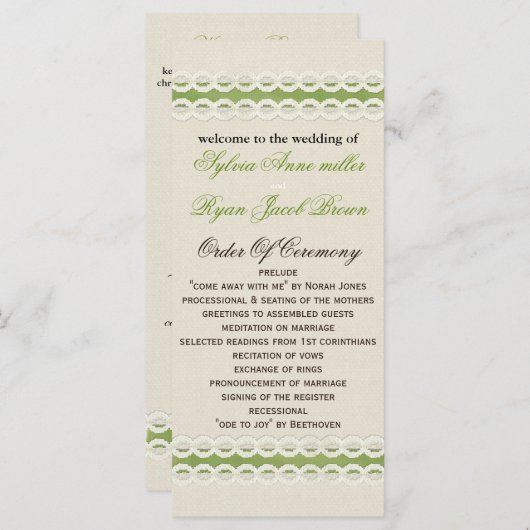 FAUX burlap en lace limoen country bruiloft Programma (Voorkant / Achterkant)