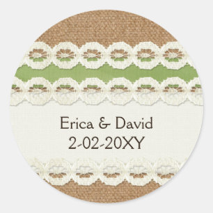 FAUX burlap en lace limoen country bruiloft Ronde Sticker