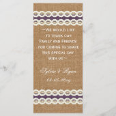 FAUX burlap en lace paarse country bruiloft Menu (Achterkant)