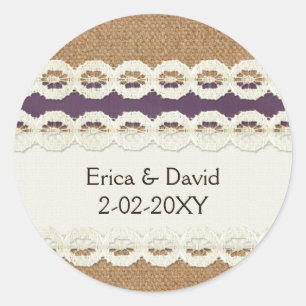 FAUX burlap en lace paarse country bruiloft Ronde Sticker
