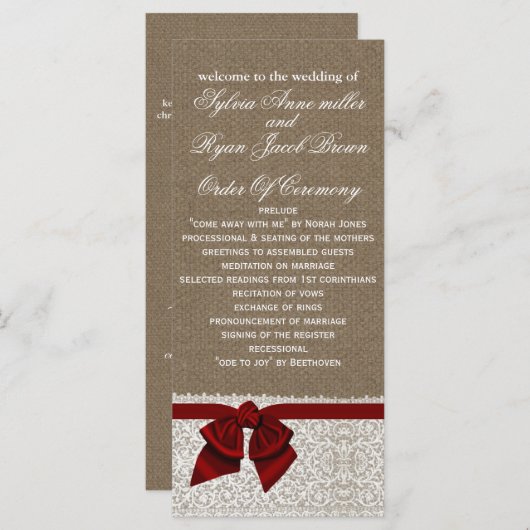 FAUX Burlap en rode kant Trouwprogramma Programma (Voorkant / Achterkant)