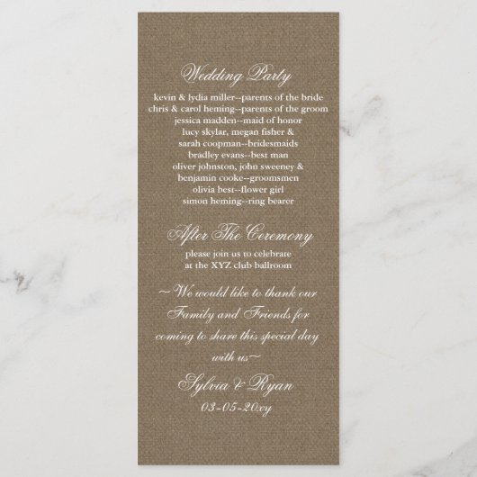 FAUX Burlap et navy blue dentelle programme de mar (Dos)