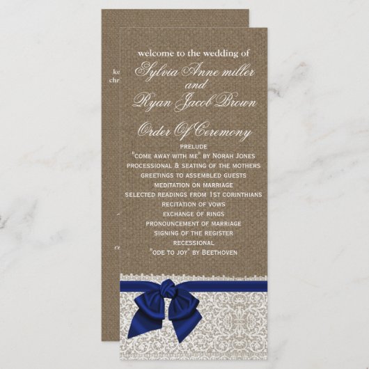 FAUX Burlap et navy blue dentelle programme de mar (Devant / Derrière)