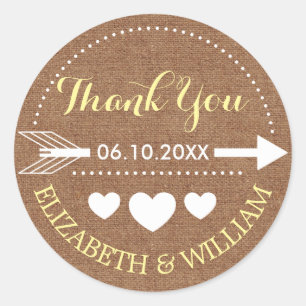Faux Burlap & gele bruiloft dank u pijl hart Ronde Sticker