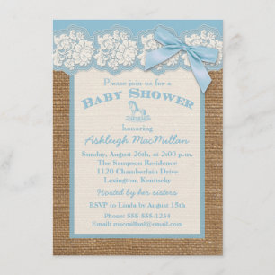 FAUX Burlap Ivory Lace, Blue Baby shower Invite Kaart
