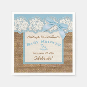 FAUX Burlap Ivory Lace, Blue Baby shower Napkins Servetten